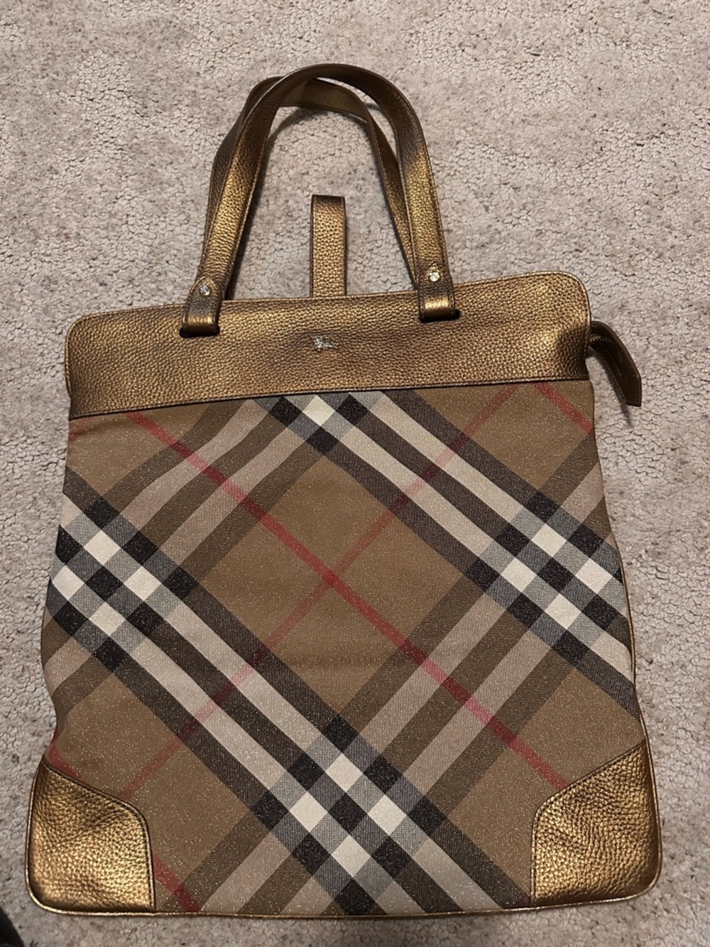 Vintage Plaid Authentic Burberry Tote with Metallic Gold Trim